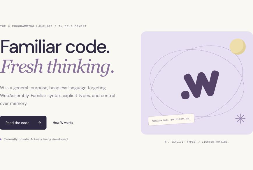 Lavender and ivory W homepage with an orbital wordmark illustration