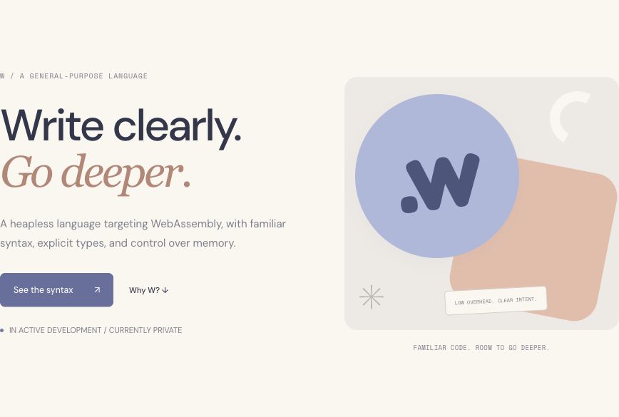 Soft blue and peach W homepage with overlapping geometric shapes
