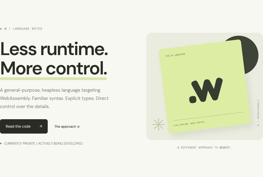 Chartreuse and charcoal W homepage with a clean printed-sheet illustration